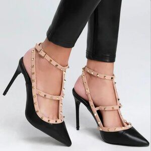 Lulus Black and Tan Vanek Studded Heels
